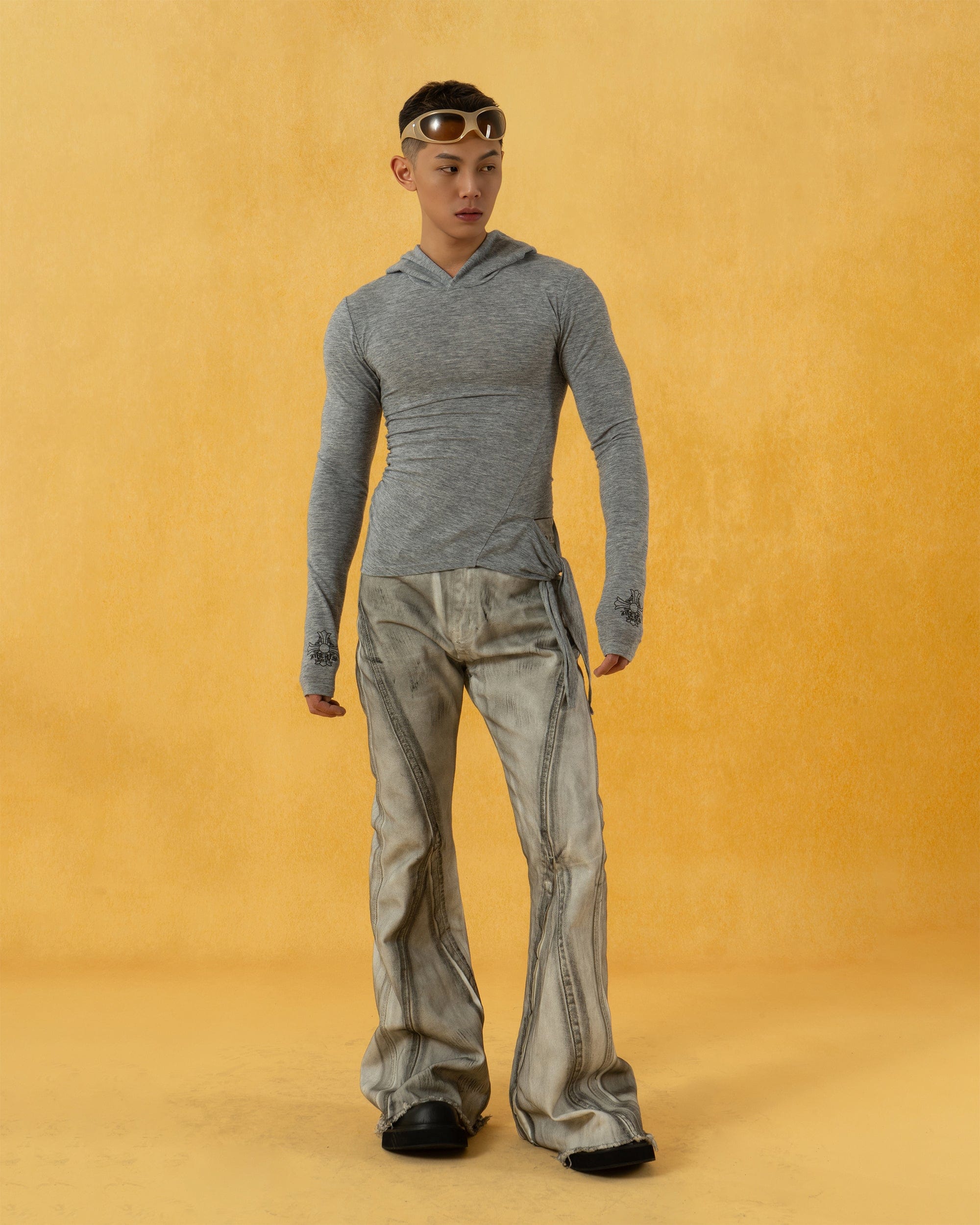 CLP Spliced Distressed Raw Edge Flared Jeans