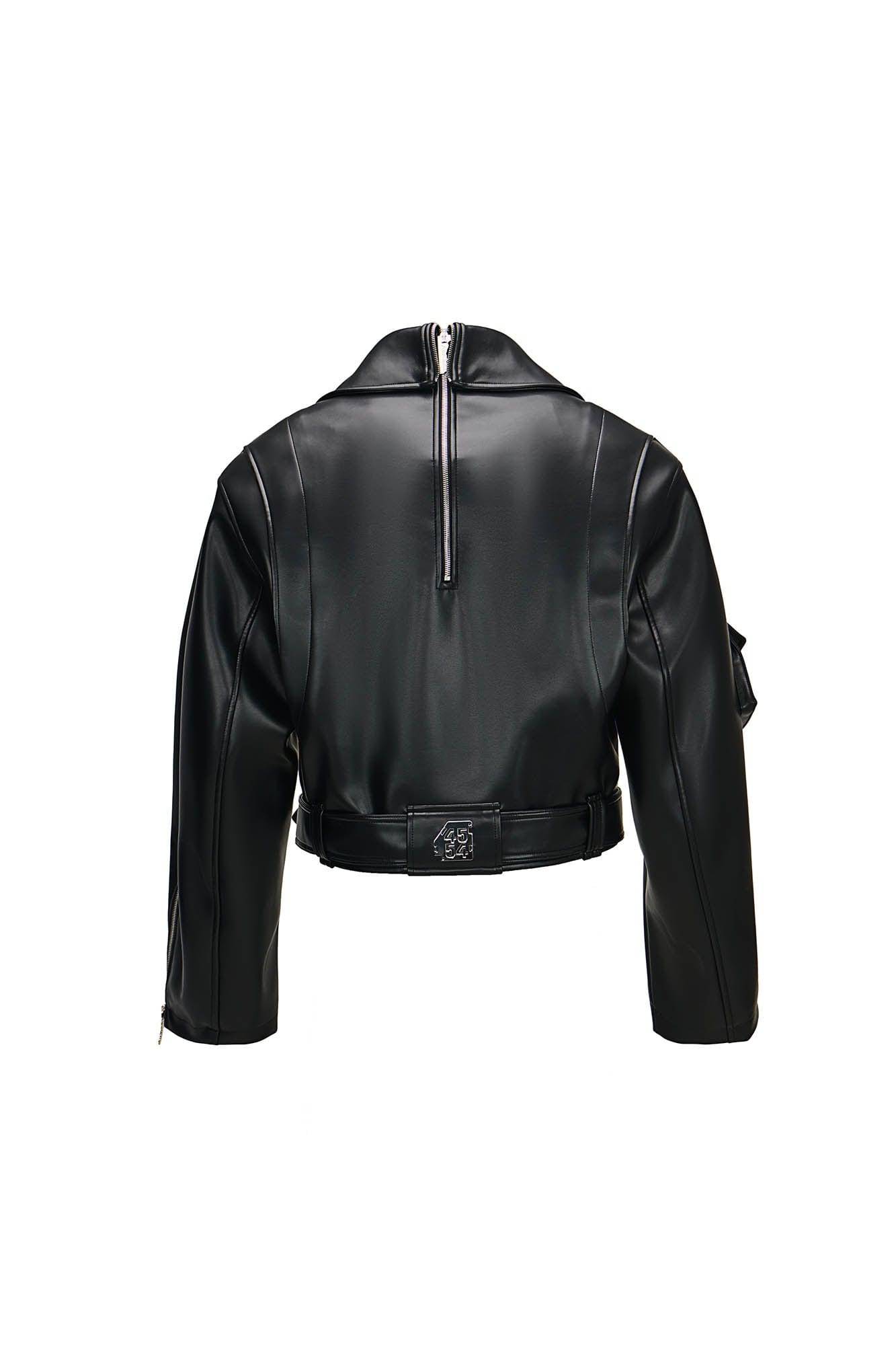 455EMBLE Asymmetrical Back-Zip Cropped PU Biker Jacket