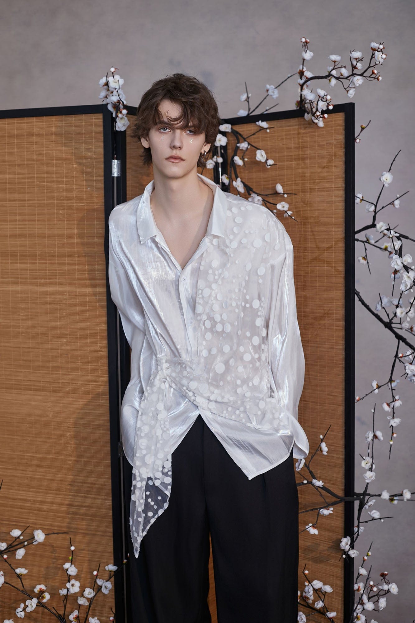 JIECHI Dots Tulle Drape Iridescent Shirt