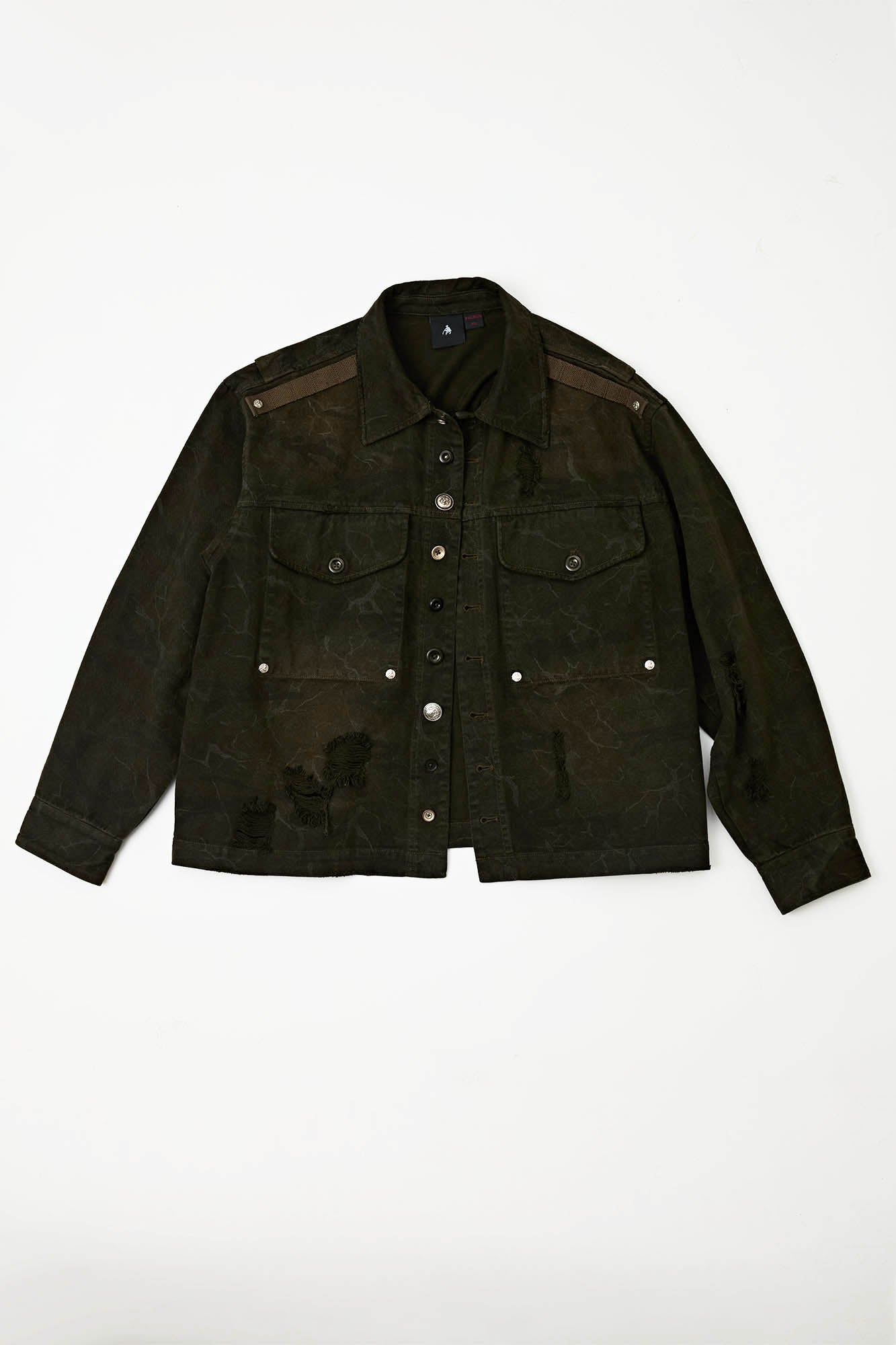 FACEONLAB Distressed Cracked Flap-Pocket Military Jacket