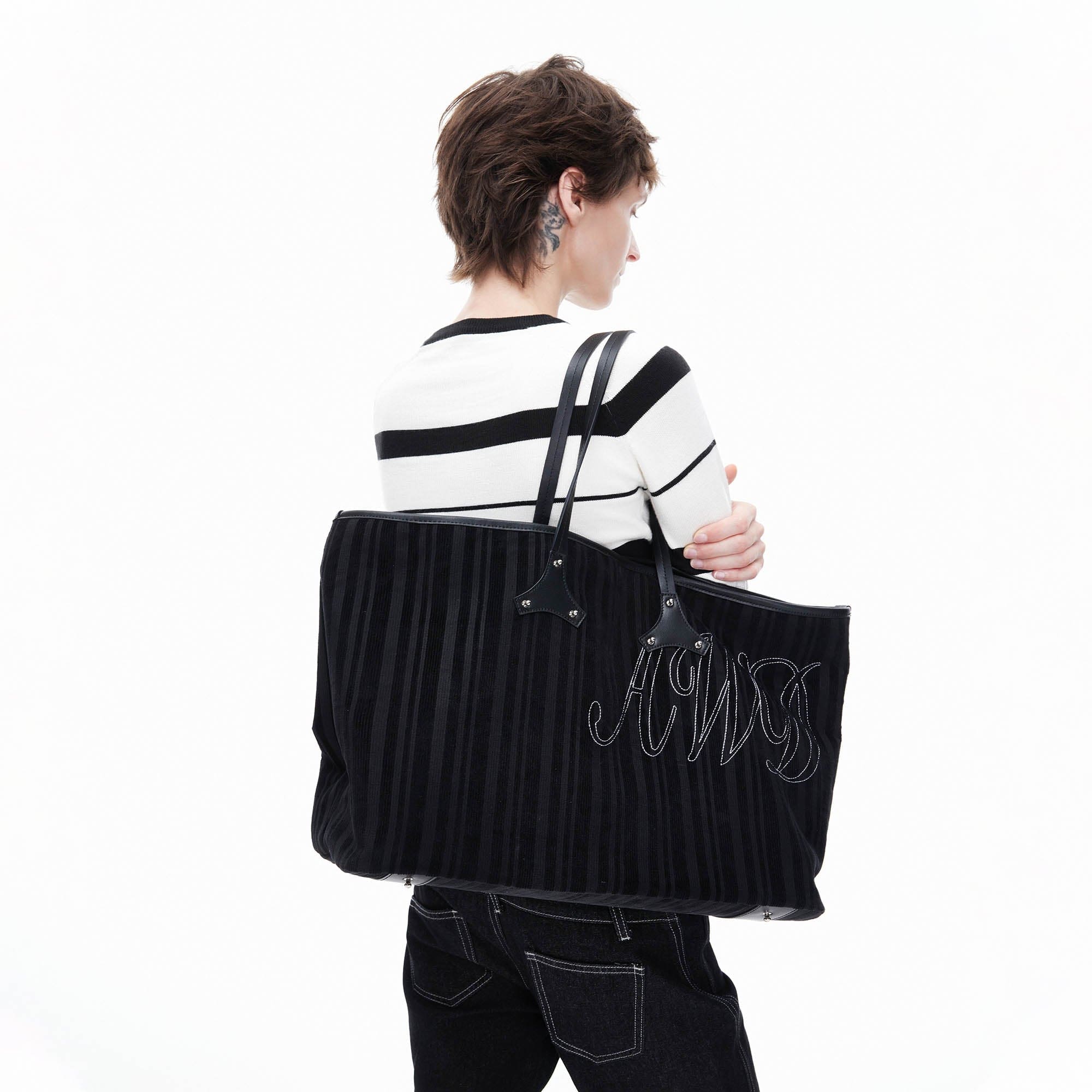 ARTIFICIAL WORLD Corduroy Leather-Panel Embroidered Tote Bag