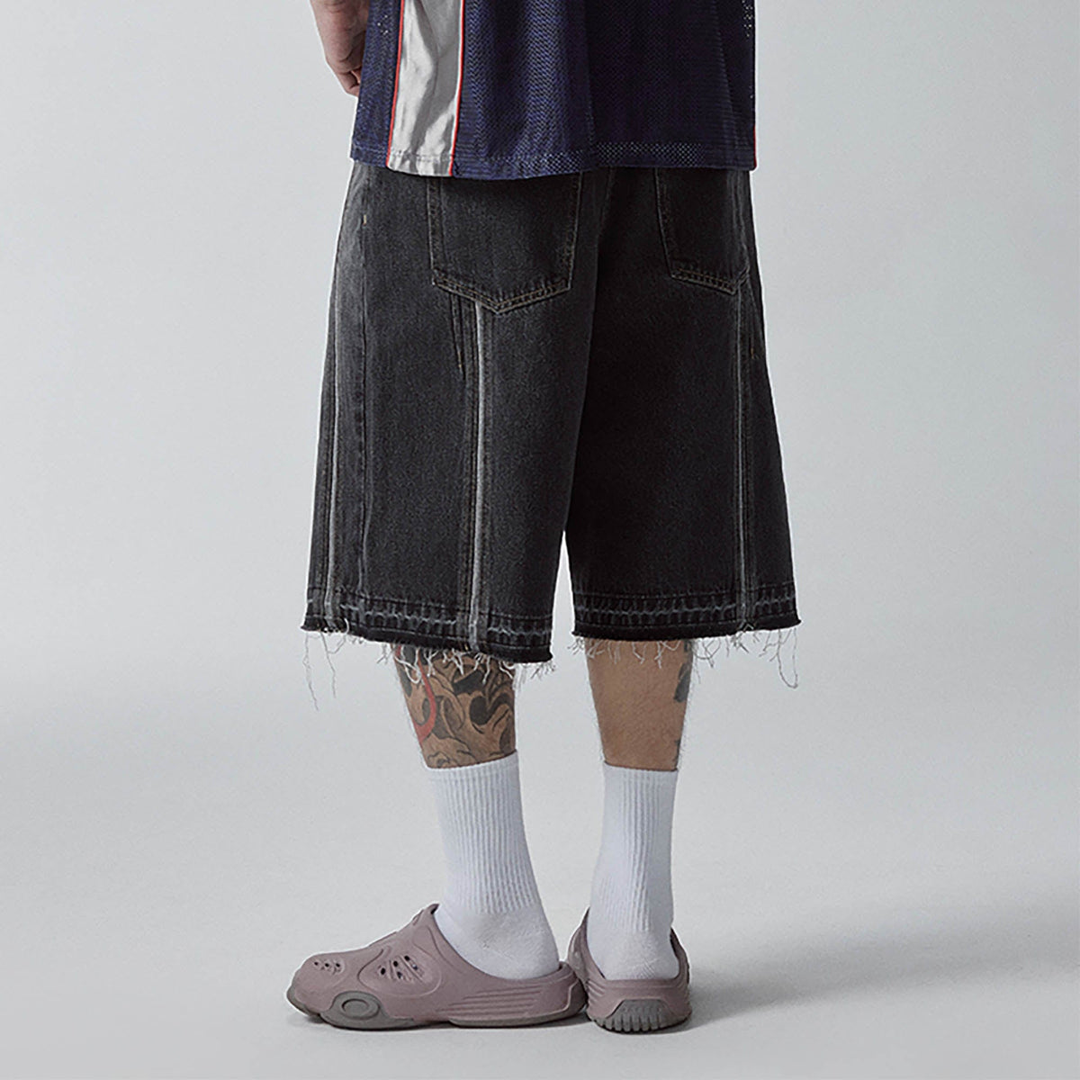 F2CE Raw-Hem Raised Seam Washed Denim Shorts
