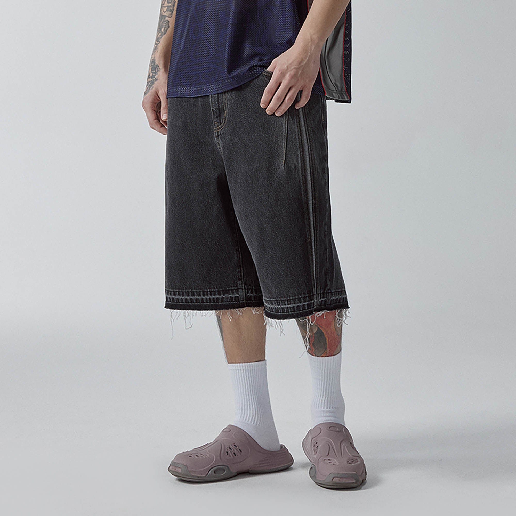 F2CE Raw-Hem Raised Seam Washed Denim Shorts