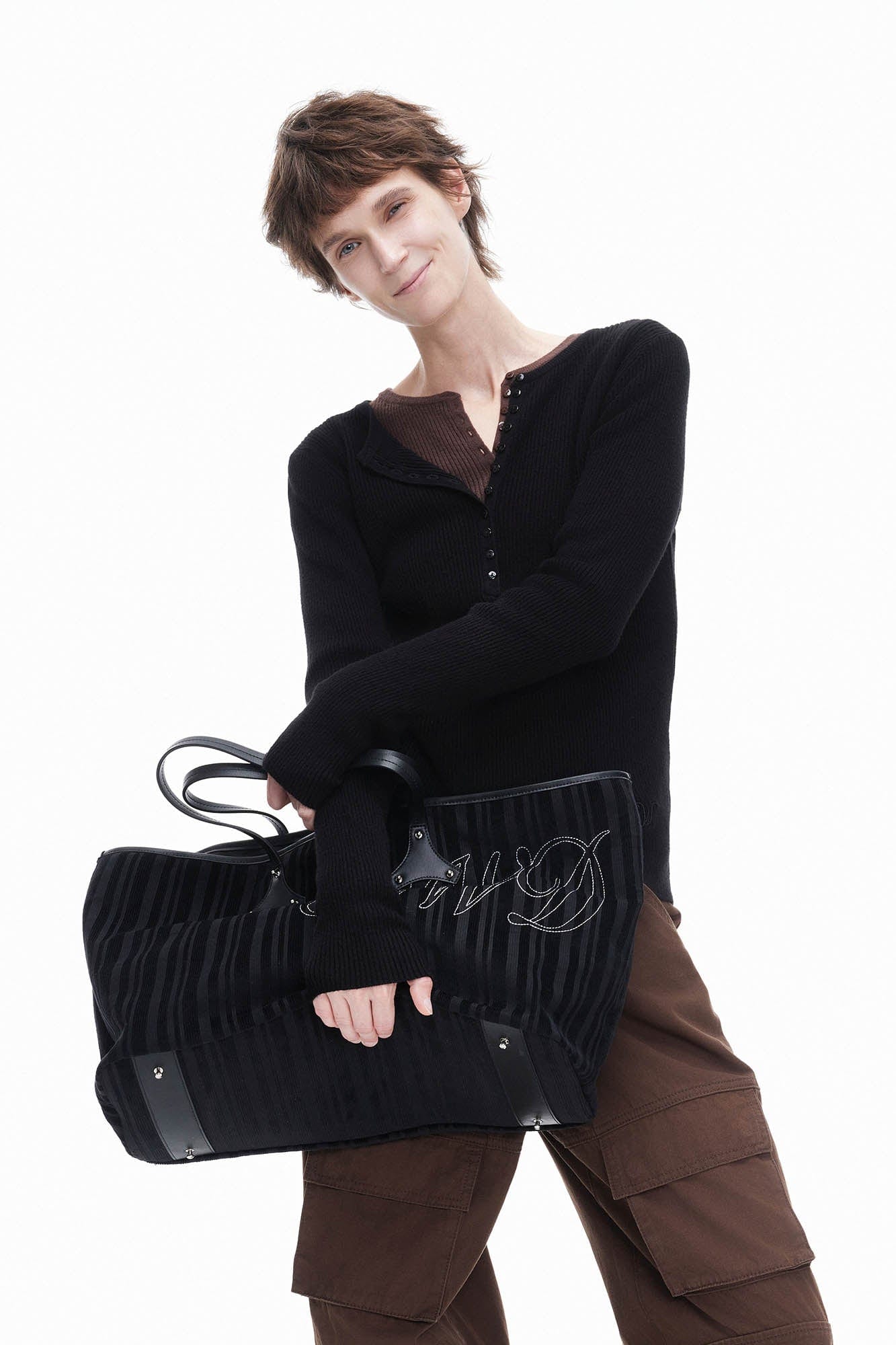 ARTIFICIAL WORLD Corduroy Leather-Panel Embroidered Tote Bag