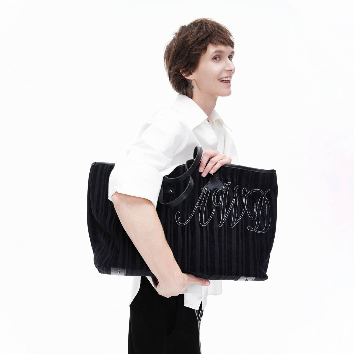 ARTIFICIAL WORLD Corduroy Leather-Panel Embroidered Tote Bag