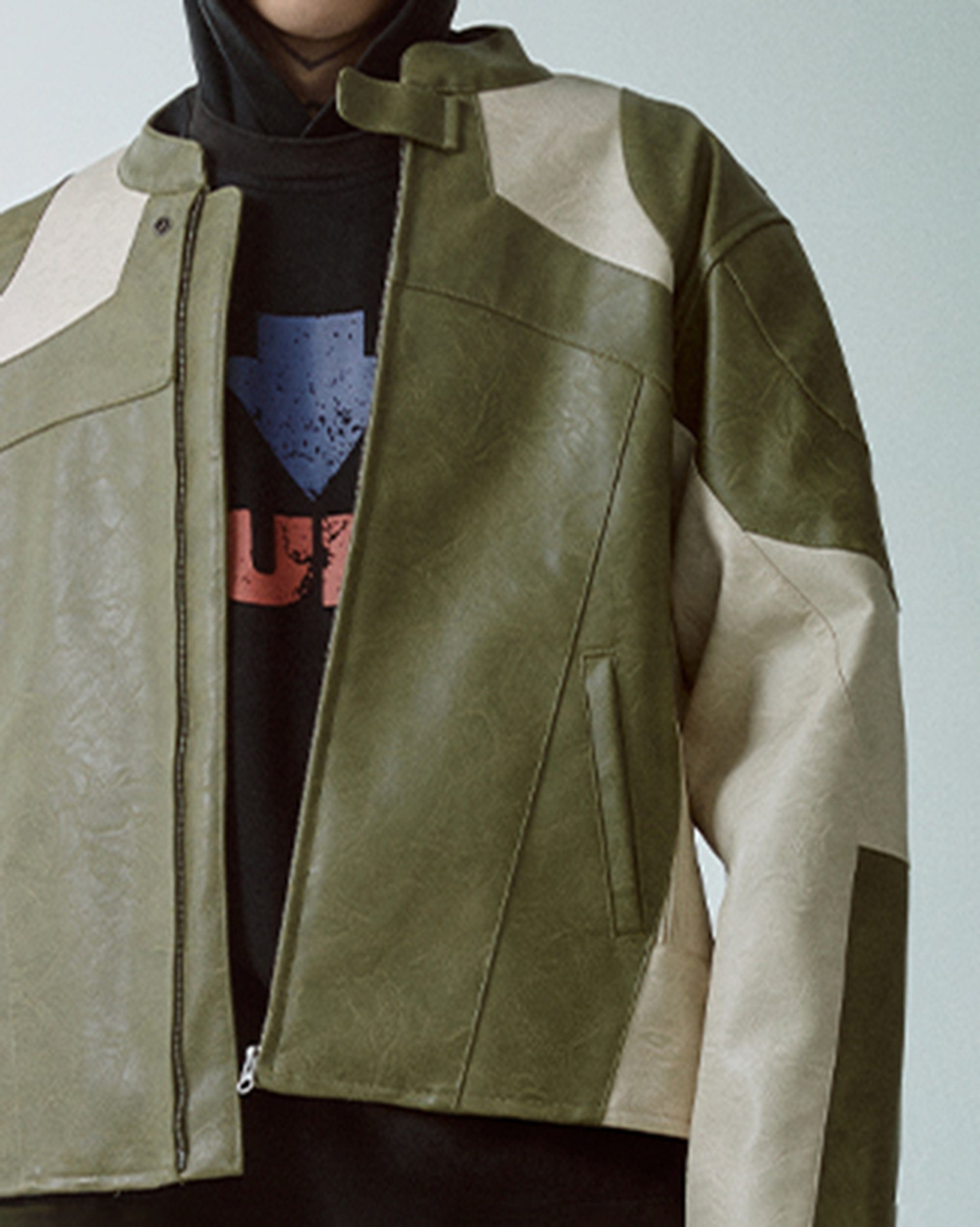 F2CE Modern Deconstructed Faux Leather Biker Jacket
