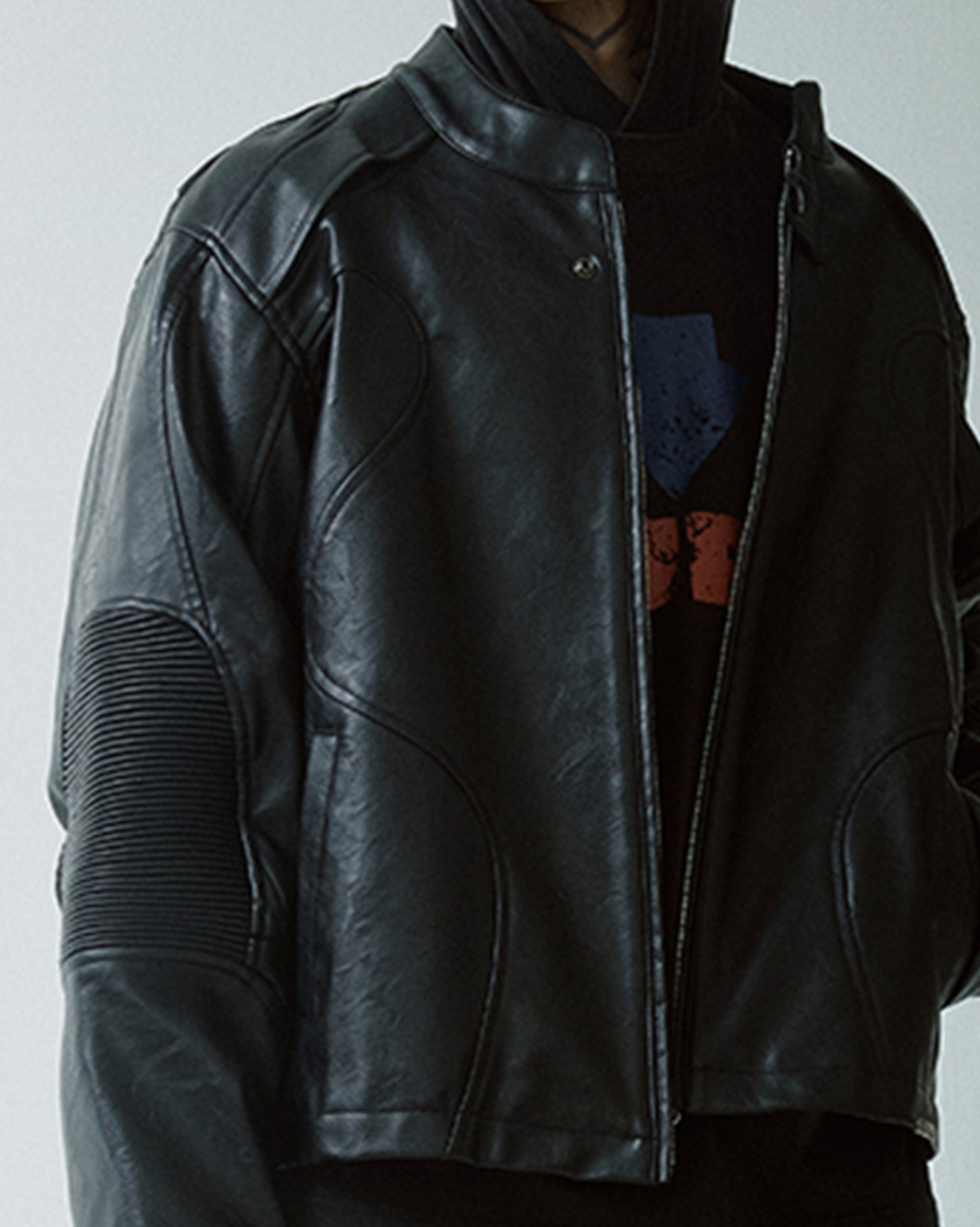 F2CE Modern Deconstructed Faux Leather Biker Jacket Black