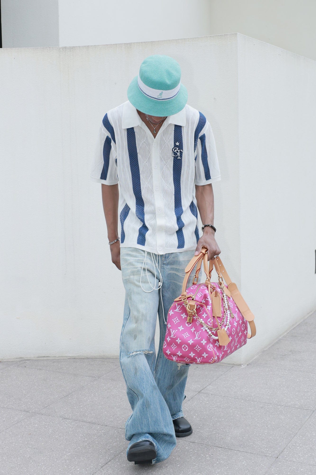 STEEPC Pearl LOGO Patch Striped Knit Half Shirt