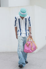 STEEPC Pearl LOGO Patch Striped Knit Half Shirt