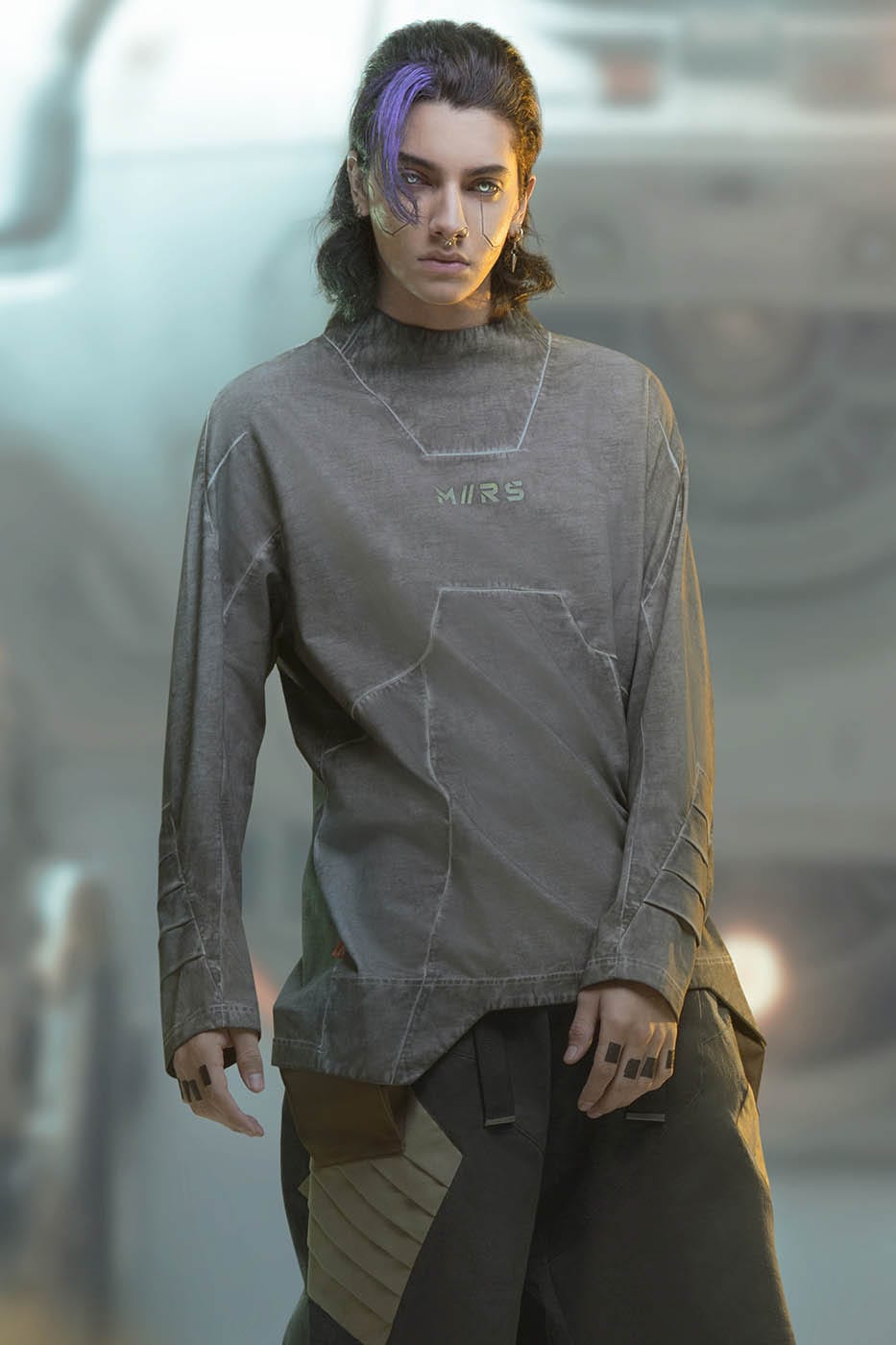 XIPHEVIL Futuristic-Distressed Paneled L/S Tee
