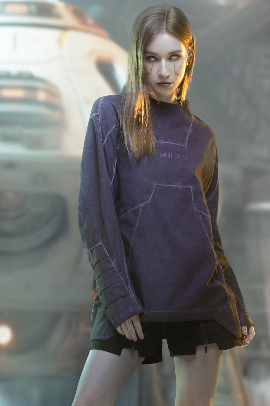 XIPHEVIL Futuristic-Distressed Paneled L/S Tee