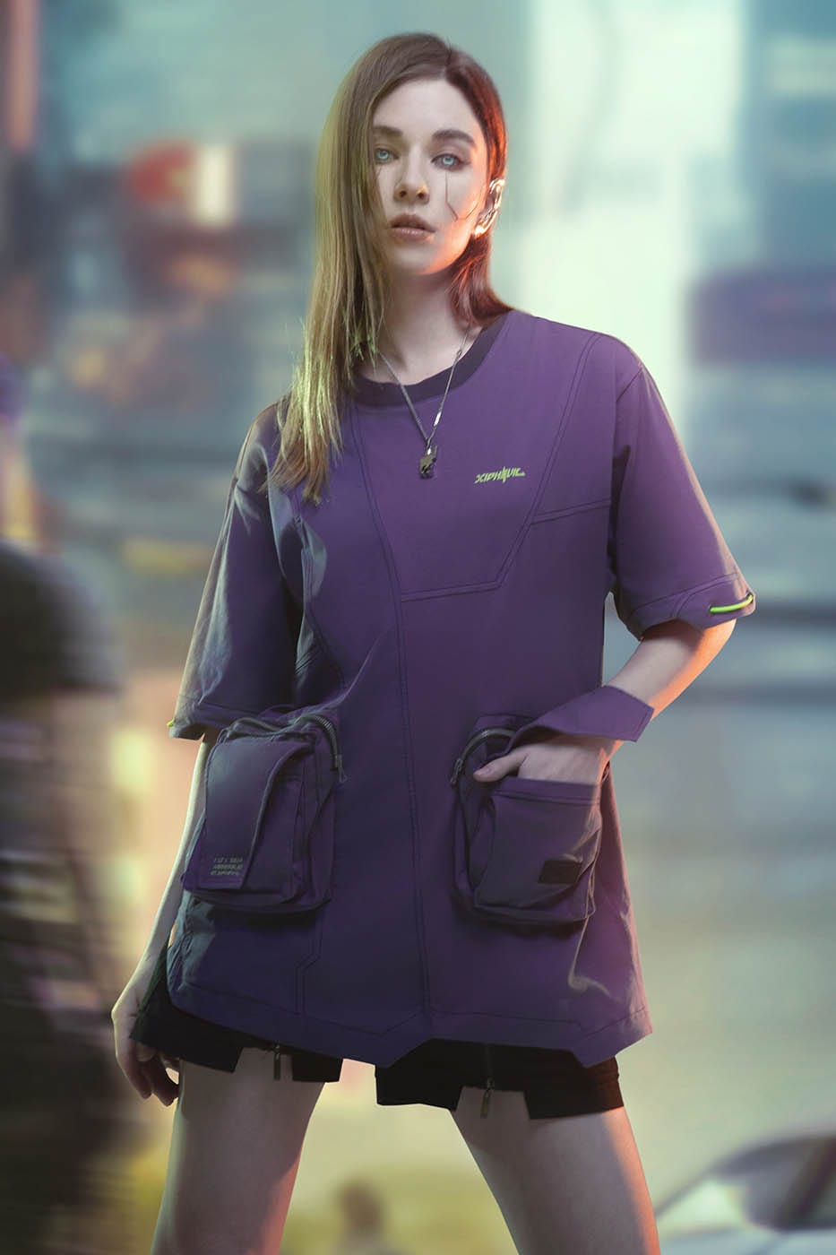 XIPHEVIL Asymmetrical Spliced Double-Pocket T-Shirt