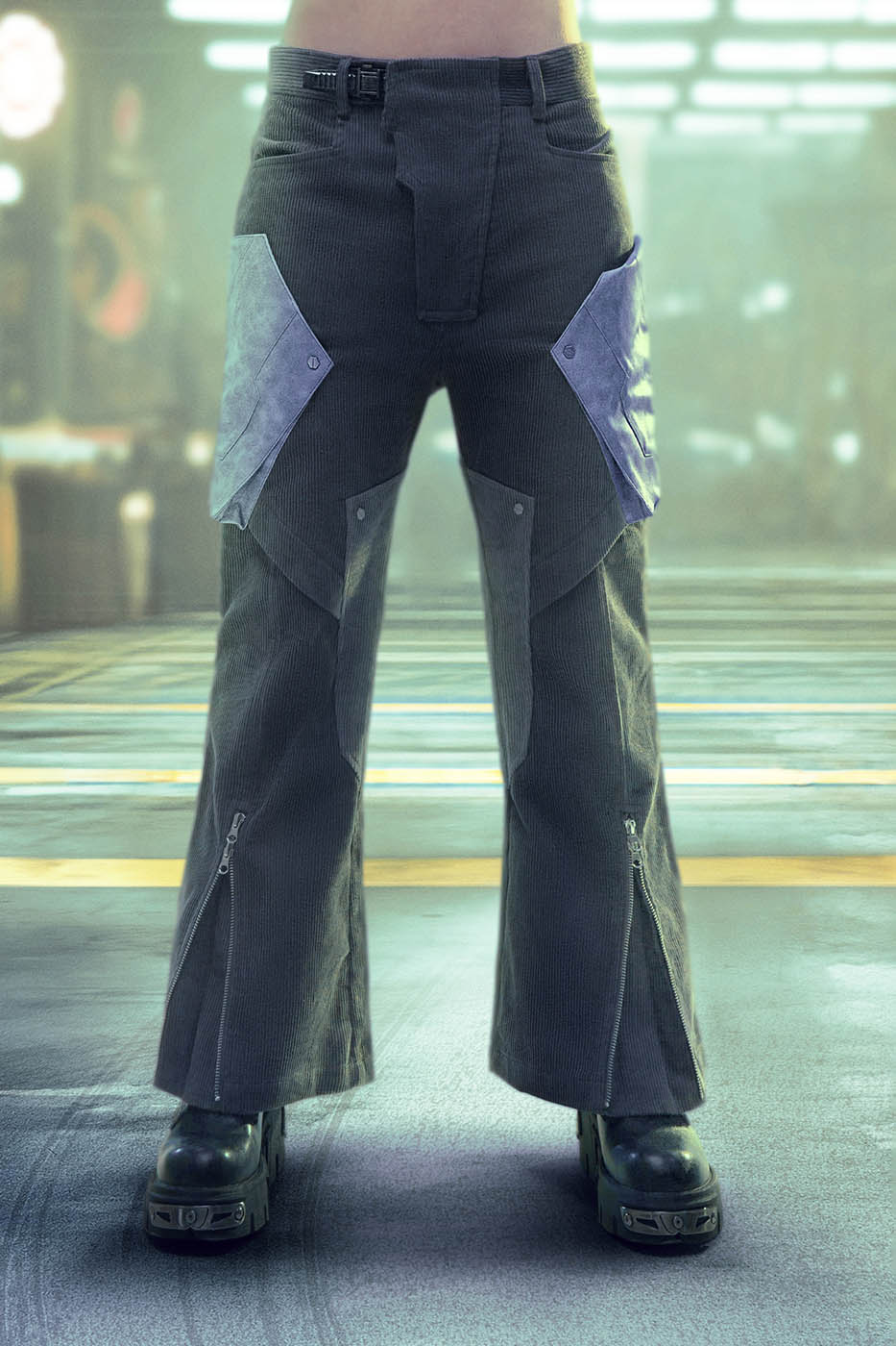 XIPHEVIL Cyberpunk Corduroy Paneled Flared Pants