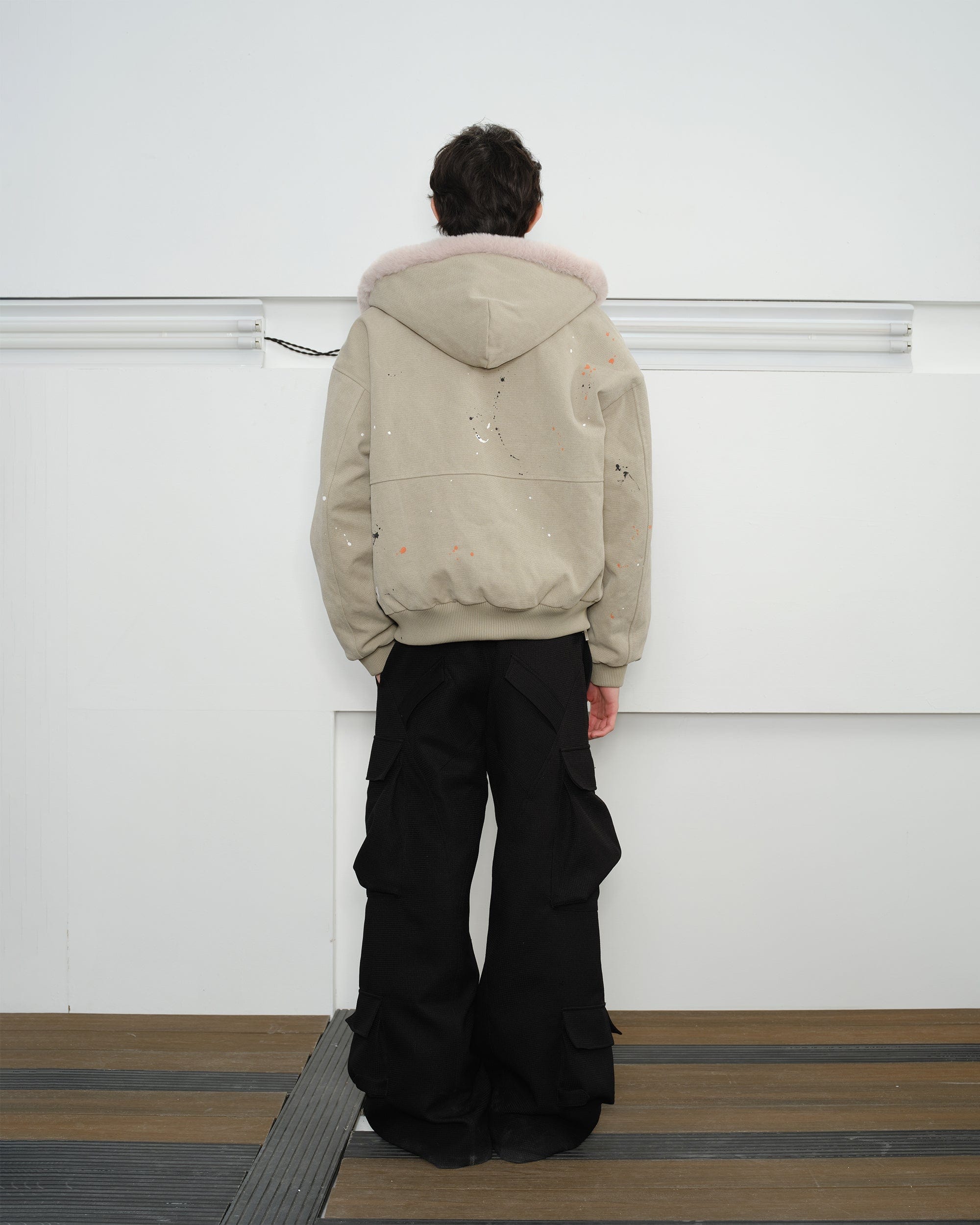 KREATE Rivet Zipper Paint-splattered Fleece-Lined Hooded Jacket