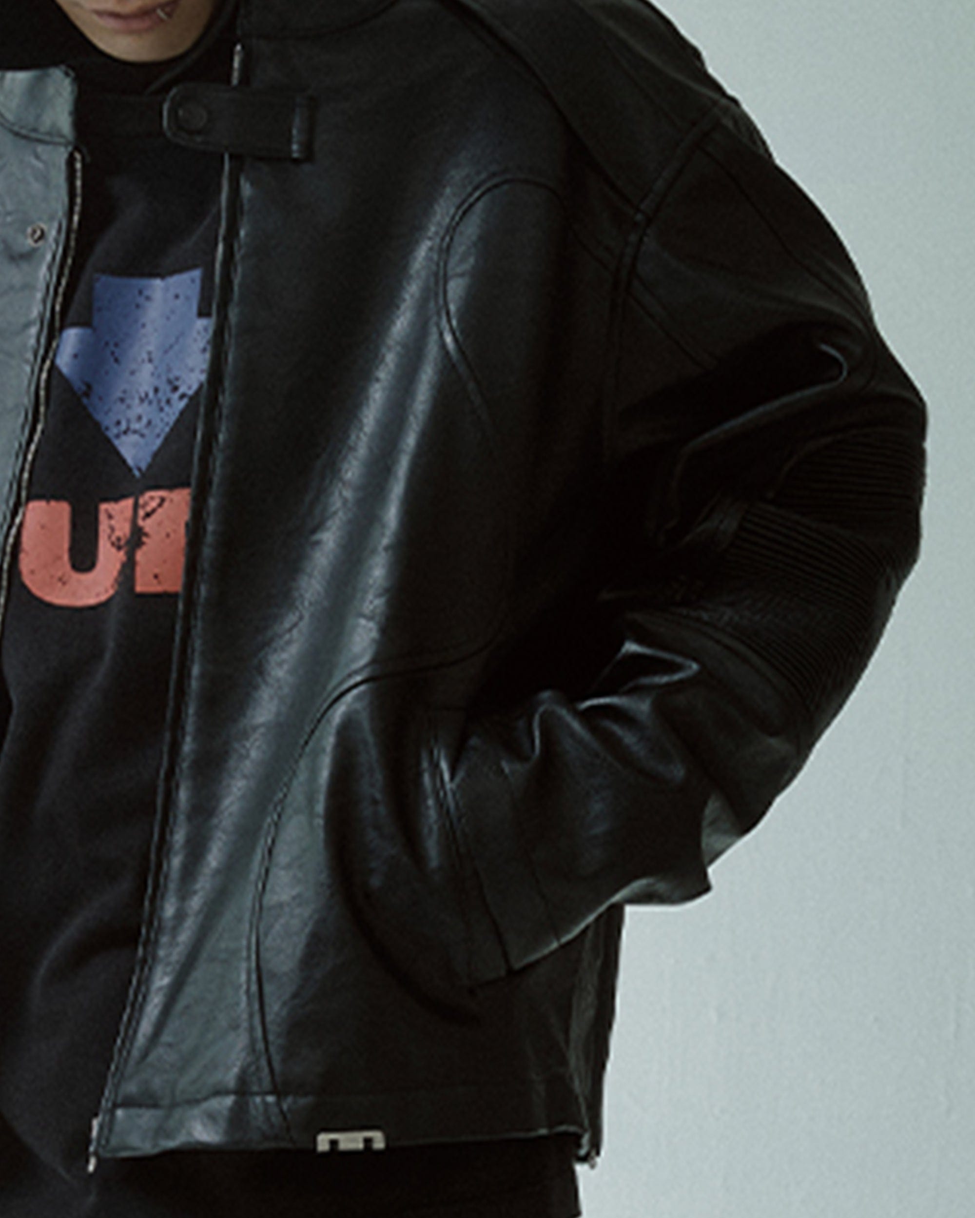 F2CE Modern Deconstructed Faux Leather Biker Jacket Black