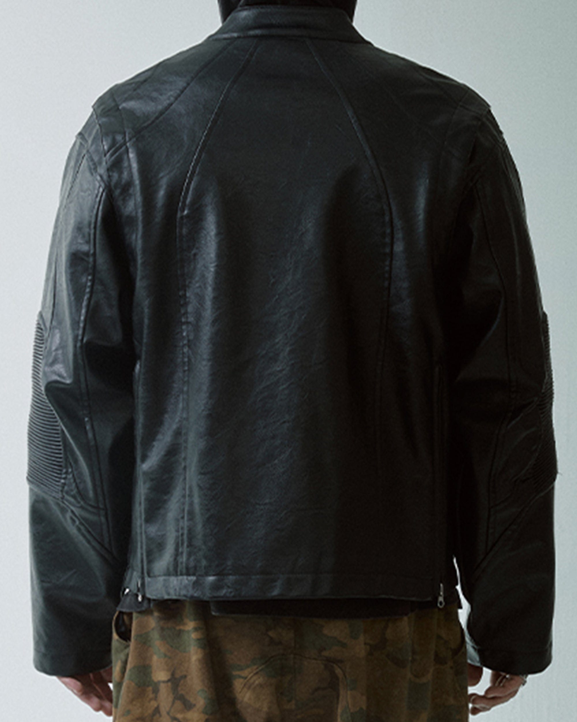 F2CE Modern Deconstructed Faux Leather Biker Jacket Black