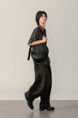 MOITIEDEPETALE Pleated Waxed Leather Croissant Bag
