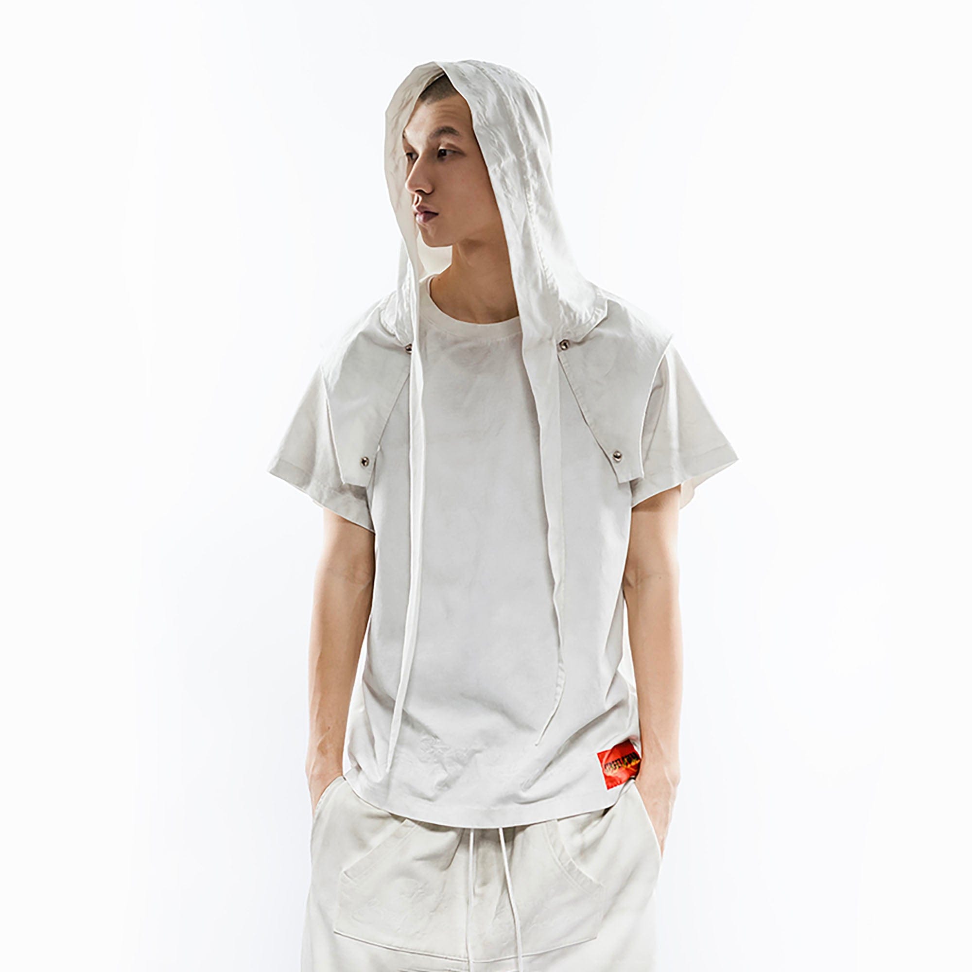 FVVO Distressed Snap-Shoulder Hooded T-Shirt