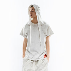 FVVO Distressed Snap-Shoulder Hooded T-Shirt