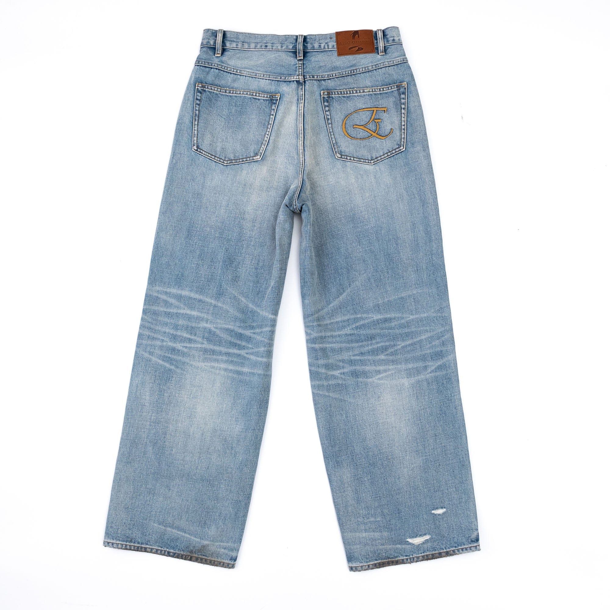 IN EXISTENCE Distressed Patchwork Creased Washed Wide-Leg Jeans