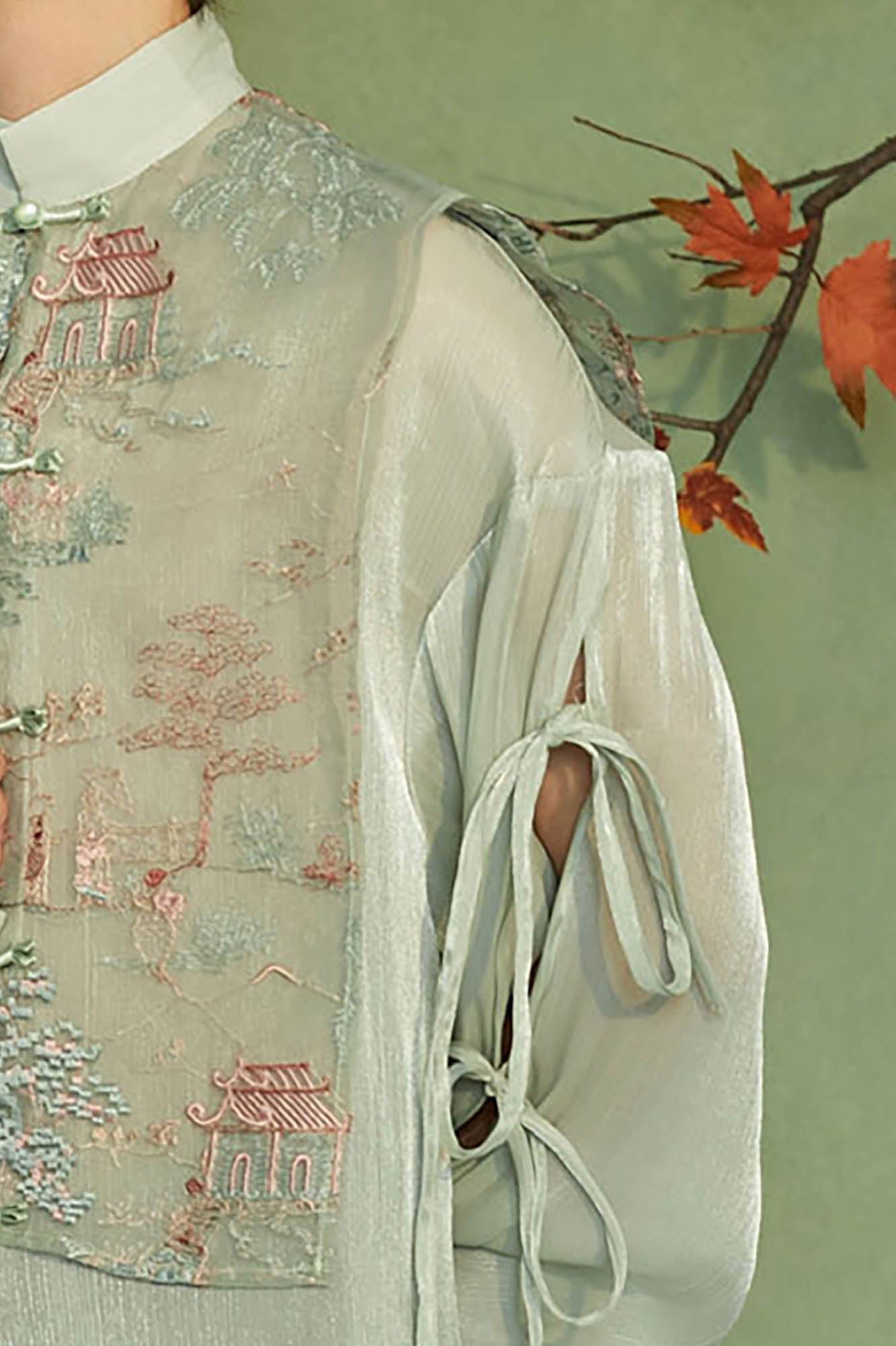 JIECHI Embroidery Double-Layered Vest Silky Shirt