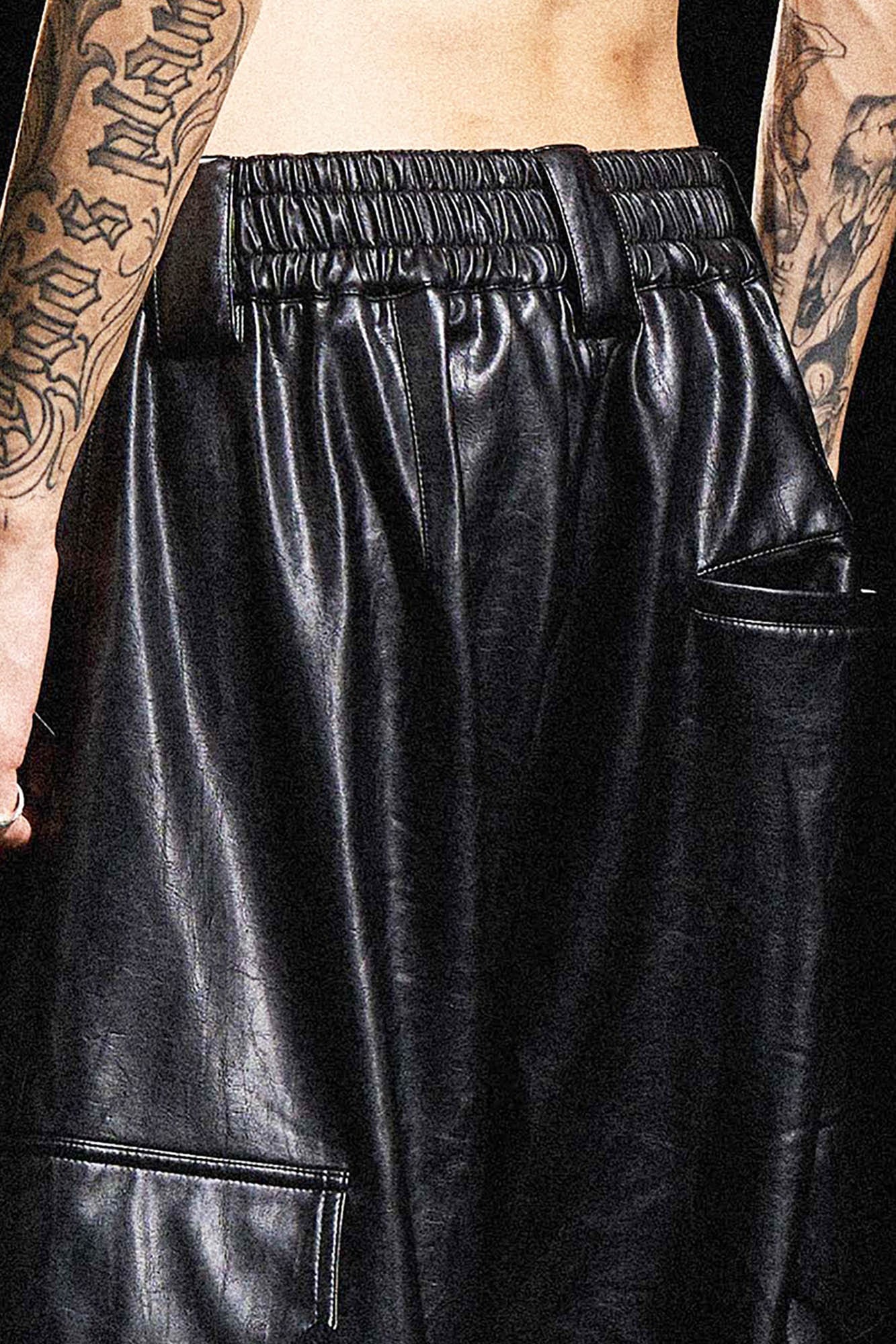 RELABEL Multi-Pocket Pleated Faux Leather Wide-Leg Pants