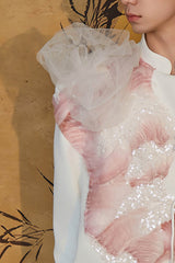 JIECHI Asymmetrical Ruffled Tulle Embellished Blazer