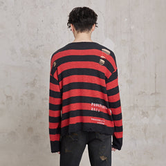 FACEONLAB Stripe Distressed Frayed Crewneck Sweater