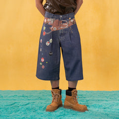 CLP Badge Belt Graphic Cropped Denim Shorts