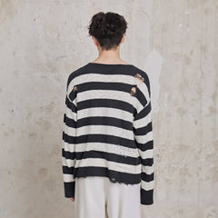 FACEONLAB Stripe Distressed Frayed Crewneck Sweater