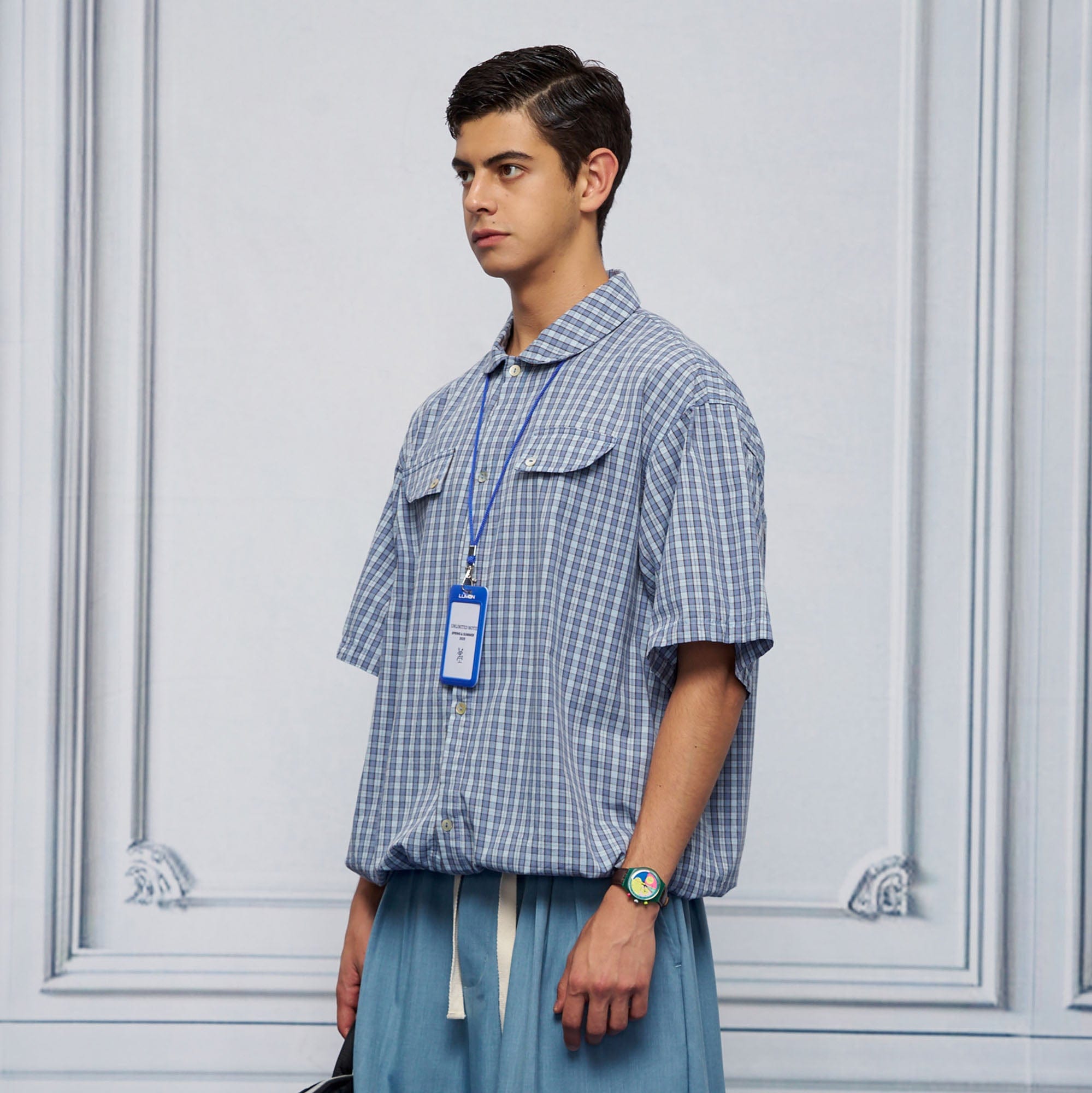 UNLIMITED MOTE Drawstring Hem Plaid Peter Pan Collar Half Shirt