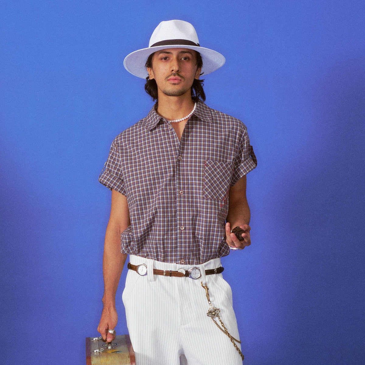 TRECLUB Retro Plaid Embroidered Rolled-Sleeve Half Shirt