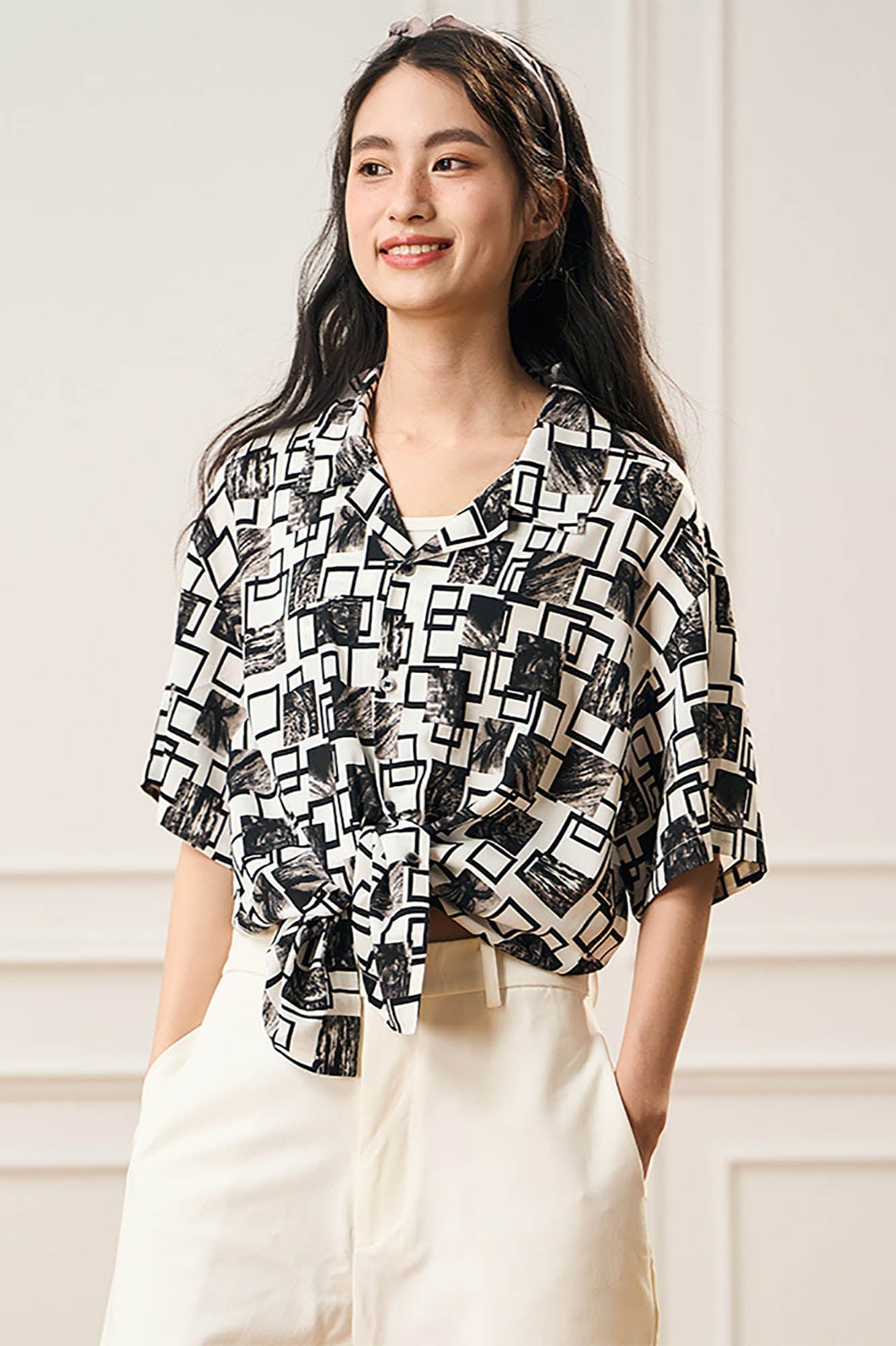 EPIC POETRY Monochrome Collage Grid Cuban Half Shirt