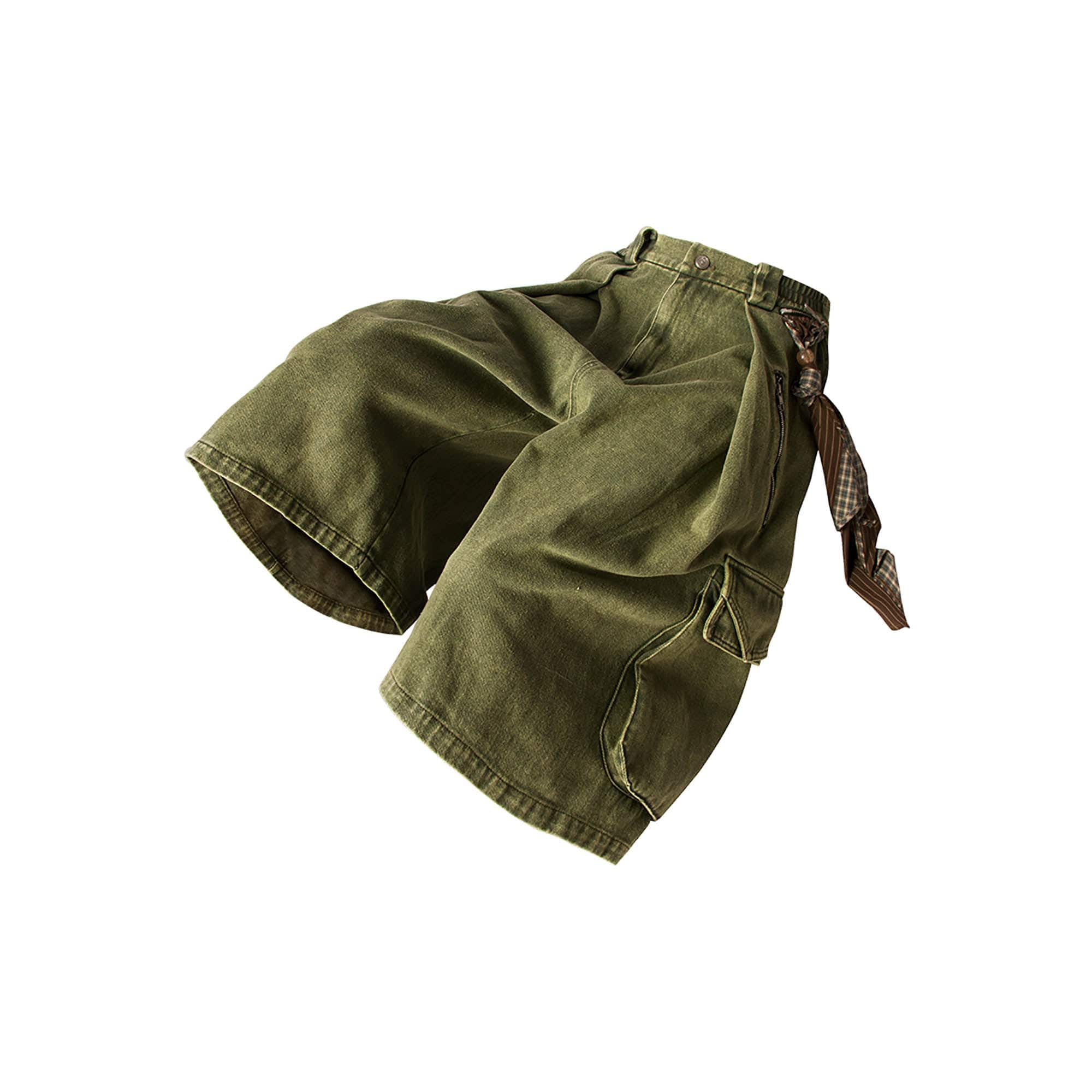 RELABEL Detachable Scarf Washed Multi-Pocket Wide-Leg Shorts