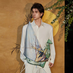 JIECHI Asymmetrical Scarf-Draped Graphics Shirt