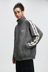BONELESS Contrasted Striped Faux Suede Jacket