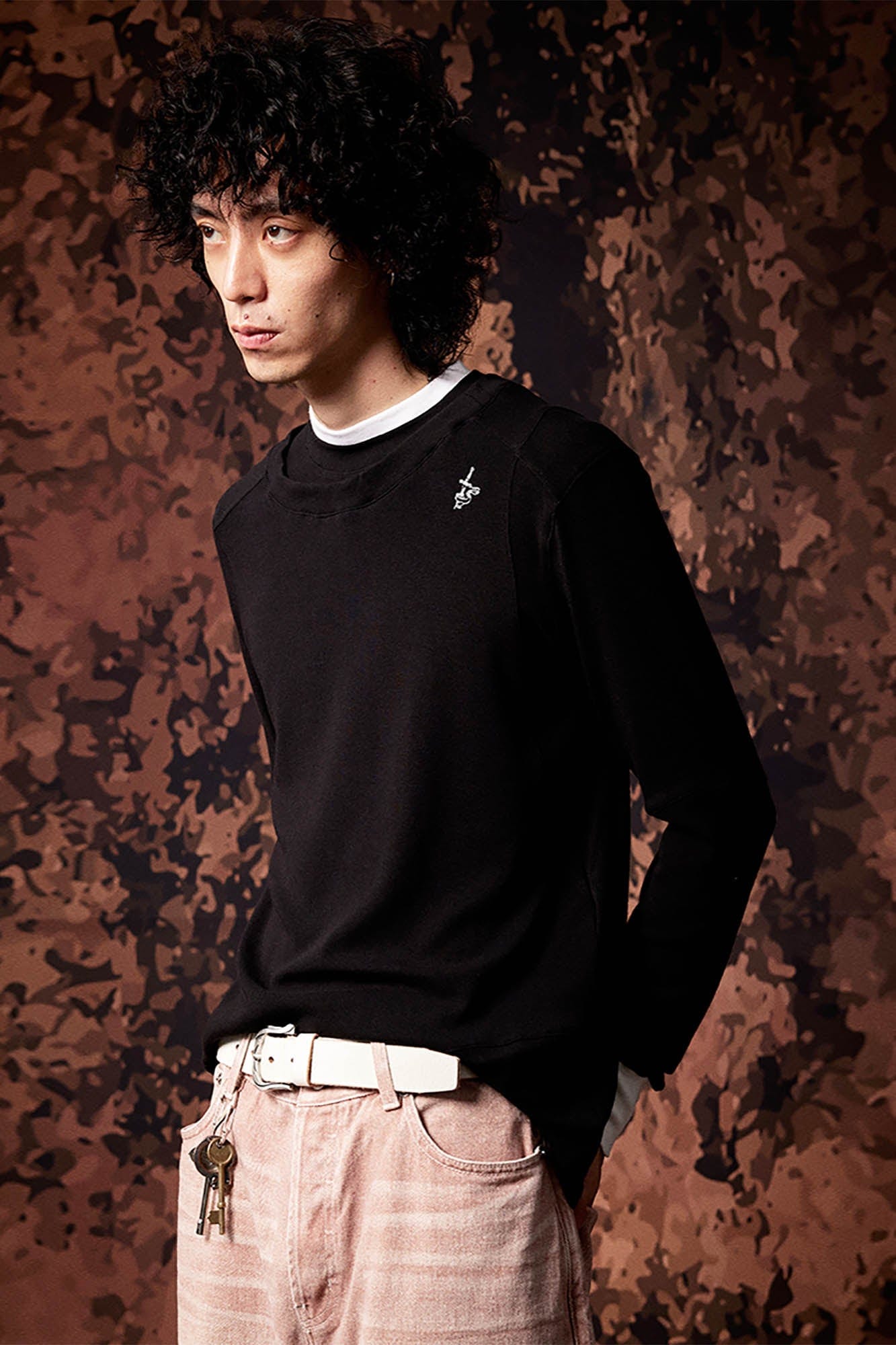 IN EXISTENCE Layered Asymmetrical Neck Embroidered Long-Sleeve Tee