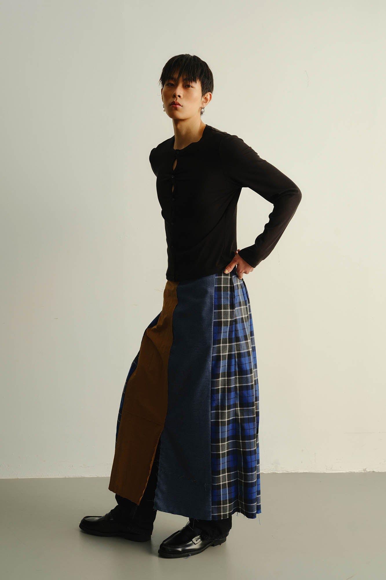 KADAKADA Paneled Reversible Plaid Raw-Edge Maxi Skirt