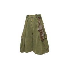 RELABEL Detachable Scarf Washed Multi-Pocket Wide-Leg Shorts
