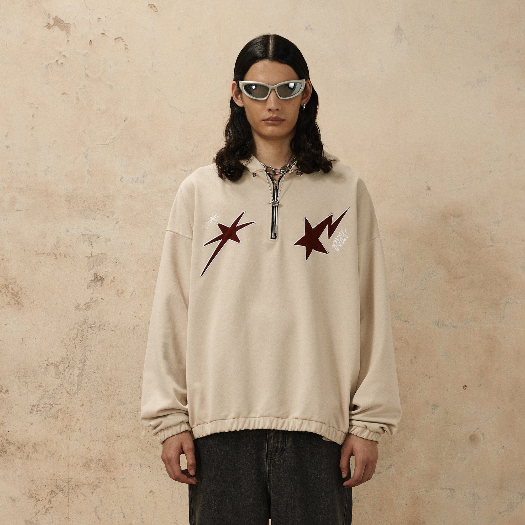 OVDY Star Embroidery Punk Zip-Up Hoodie