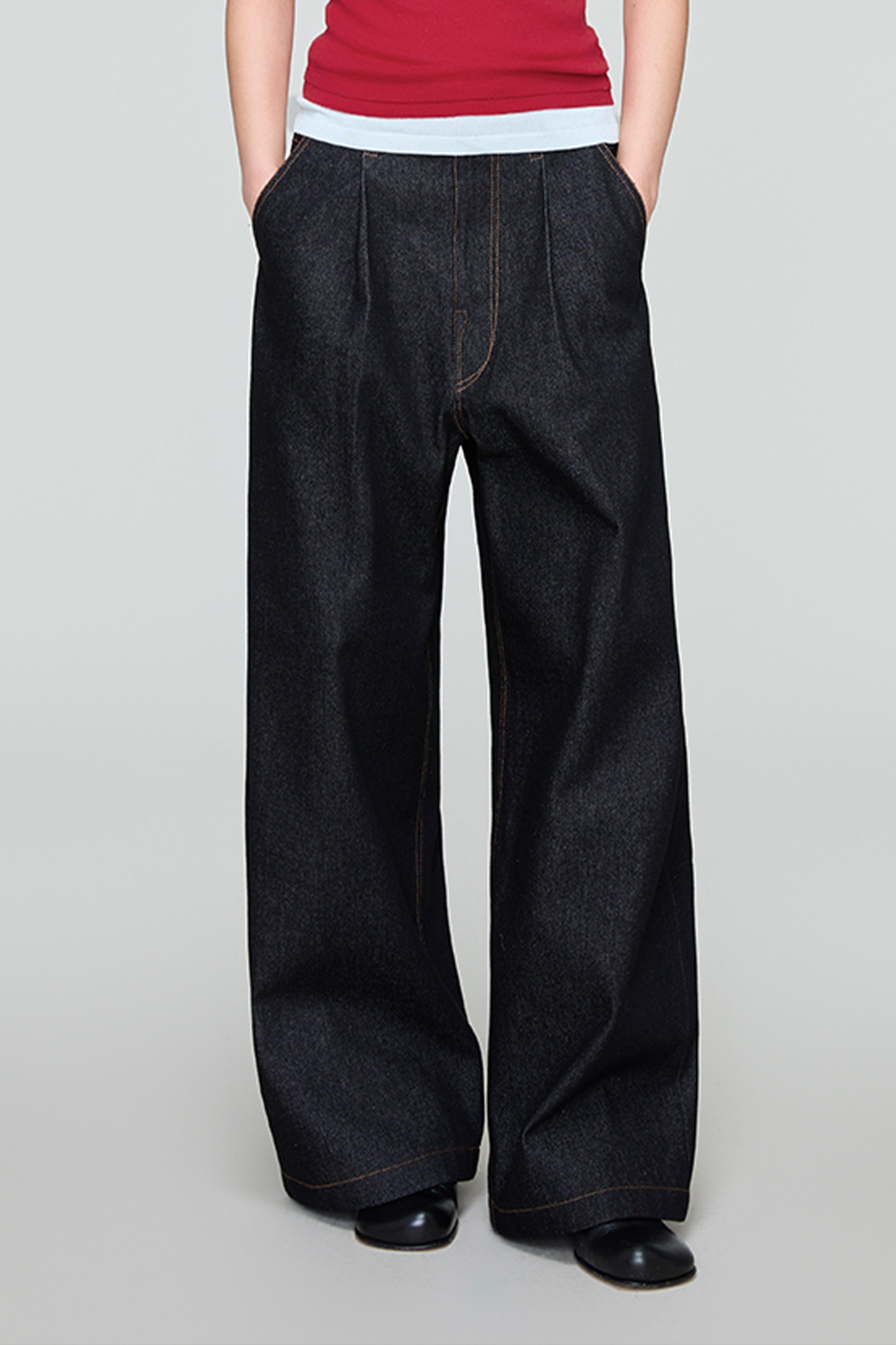 OPICLOTH Retro Washed Pleated Wide-Leg Jeans