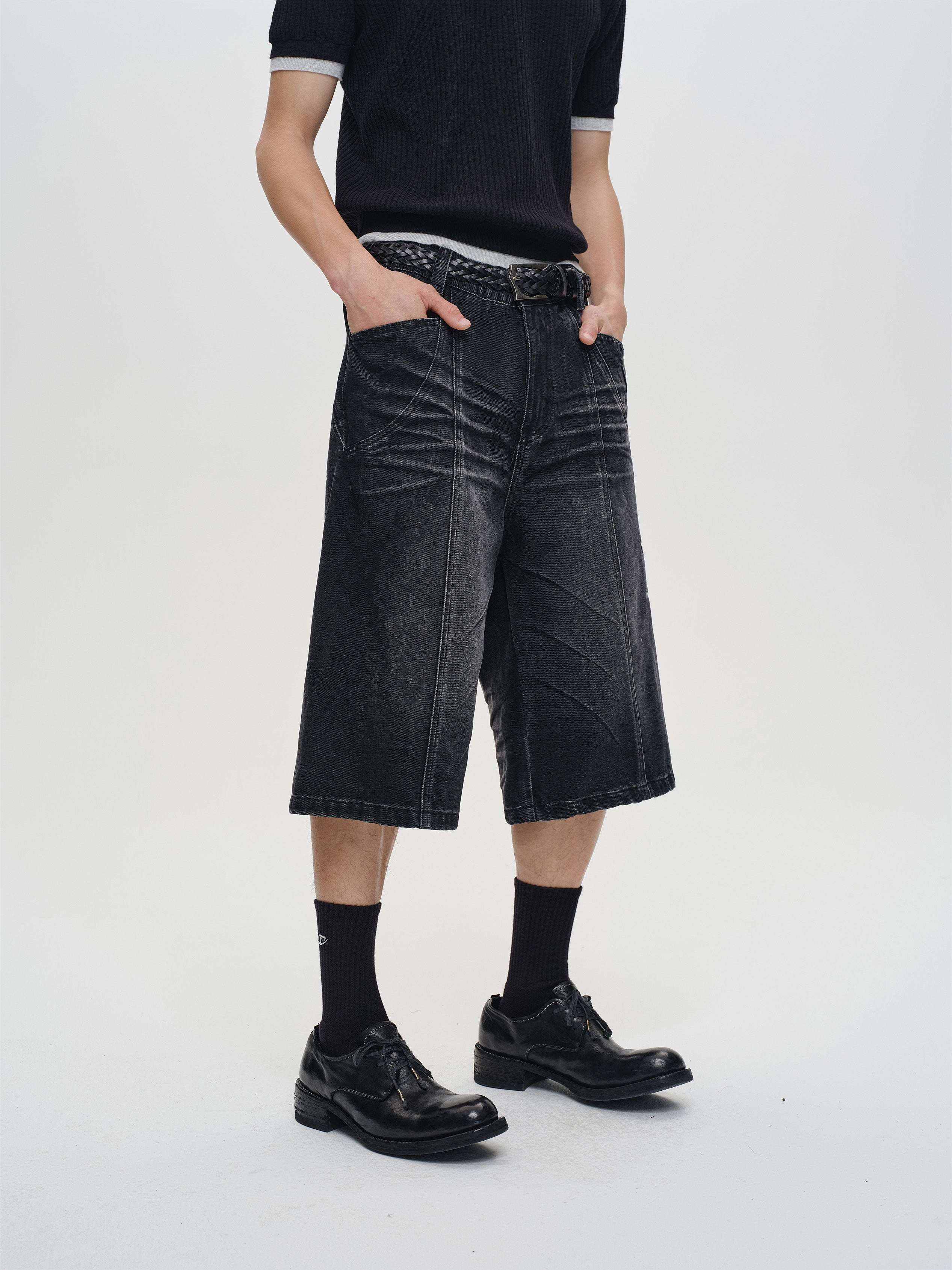CATSSTAC Whisker-Wash Middle-Spliced Wide-Leg Shorts
