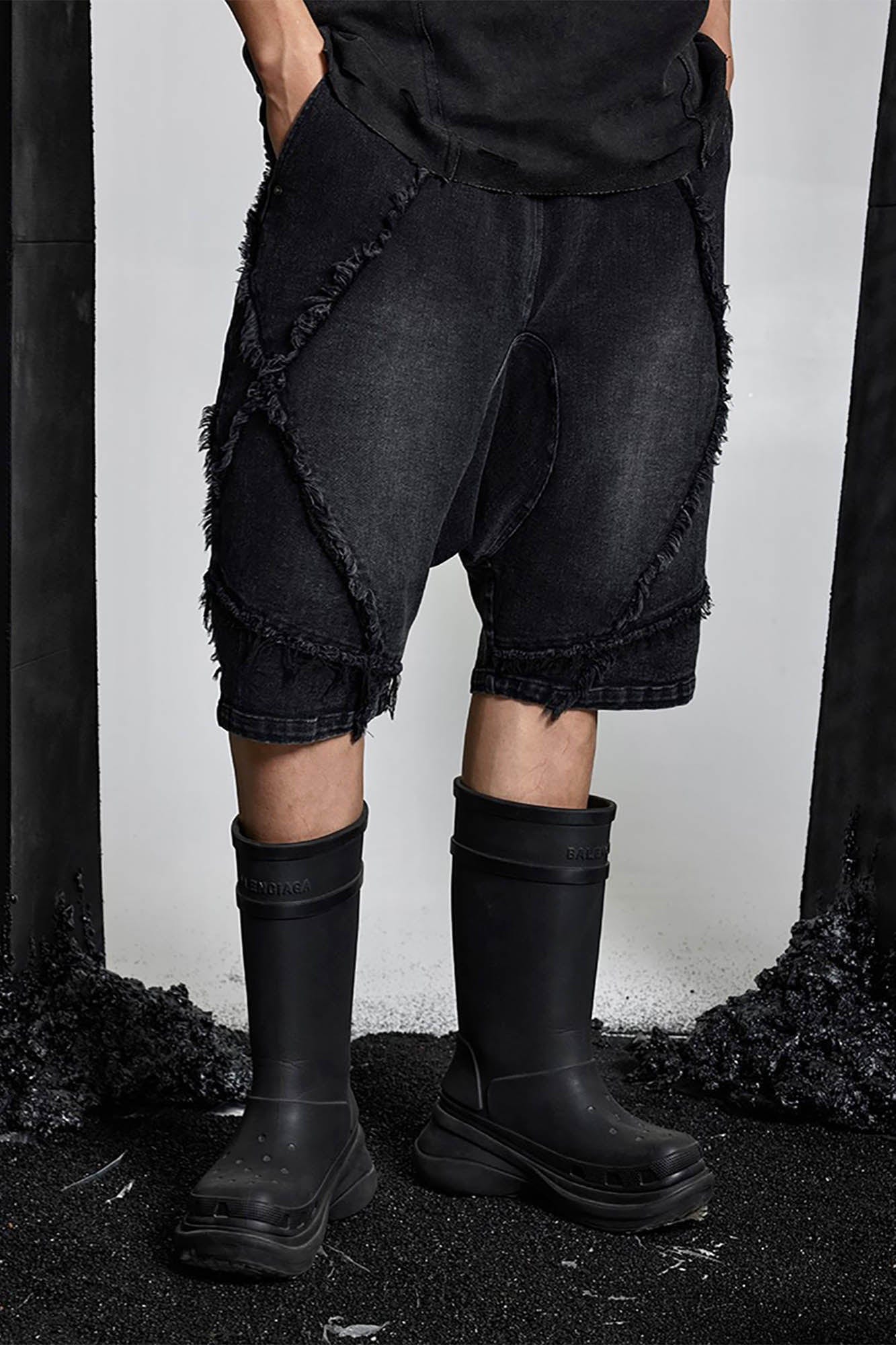 SSIN7 Washed Frayed Spliced Denim Shorts