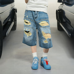 MAKEMORE Distressed Arc Spliced Ripped Denim Shorts