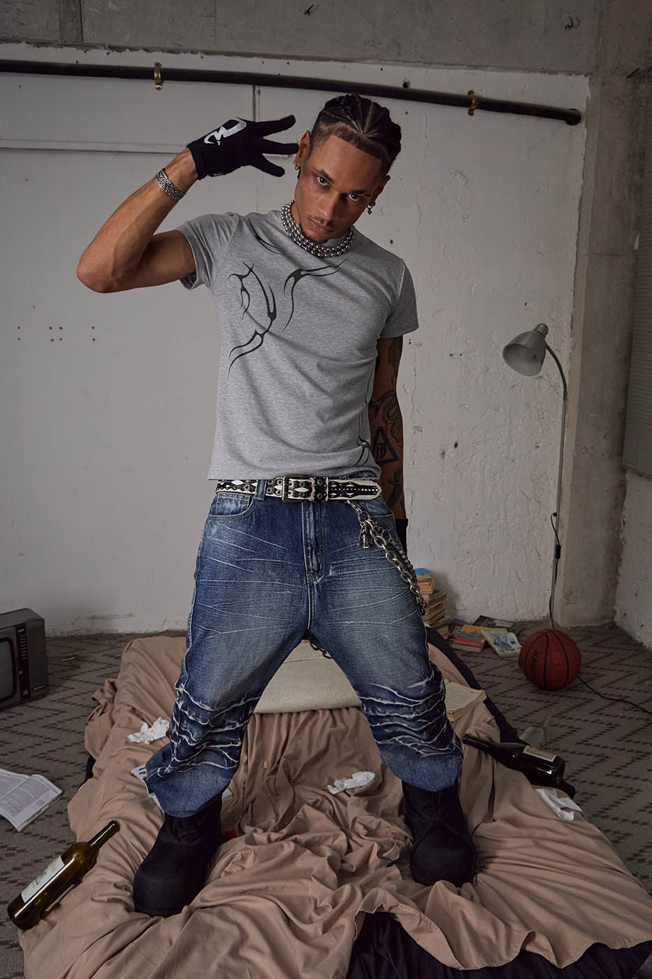 DND4DES Lightning-Creased Flared Jeans Blue