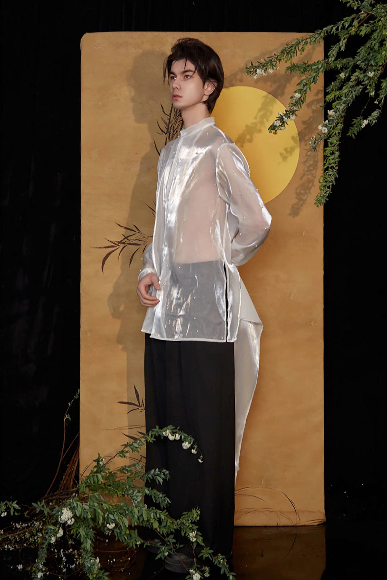 JIECHI Pearl Embroidered Layered Ribbon Organza Shirt