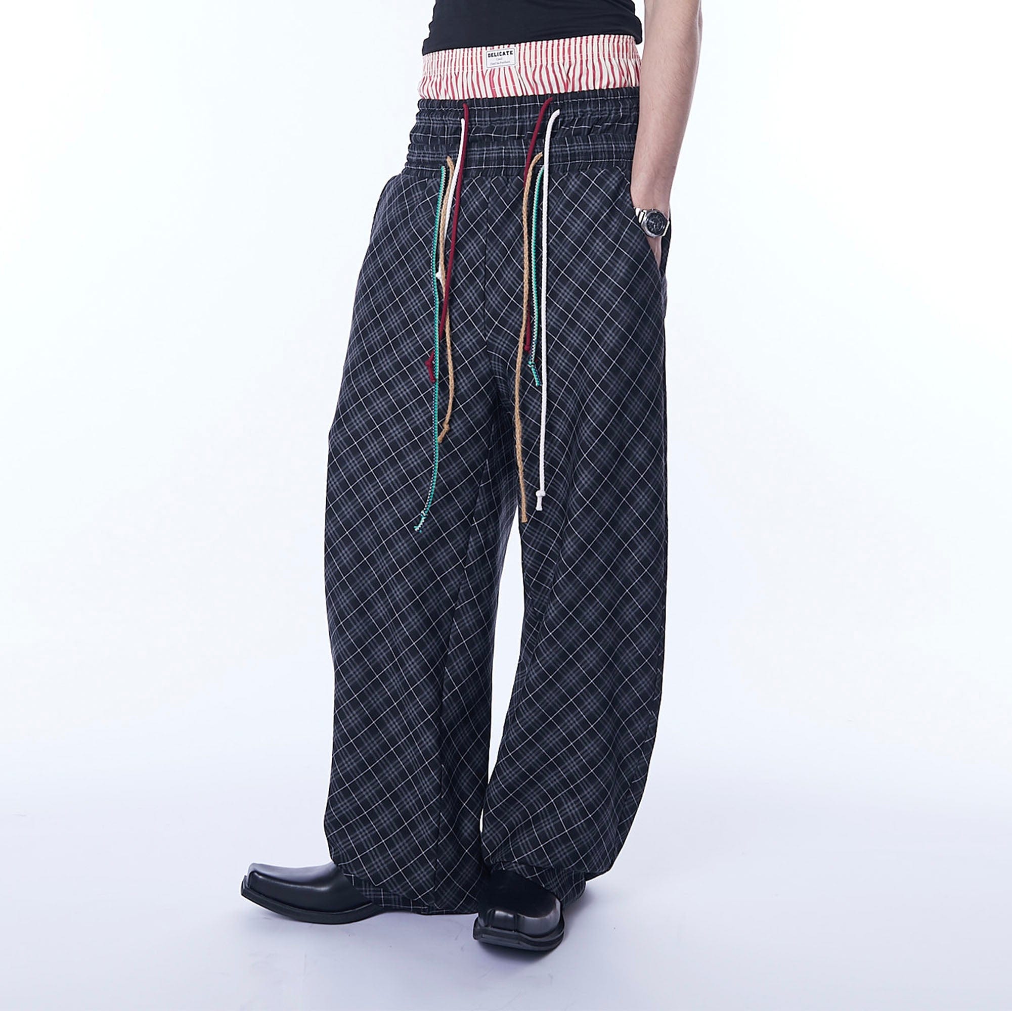 ASSEEN Plaid Double-Waist Drawstring Wide-Leg Pants