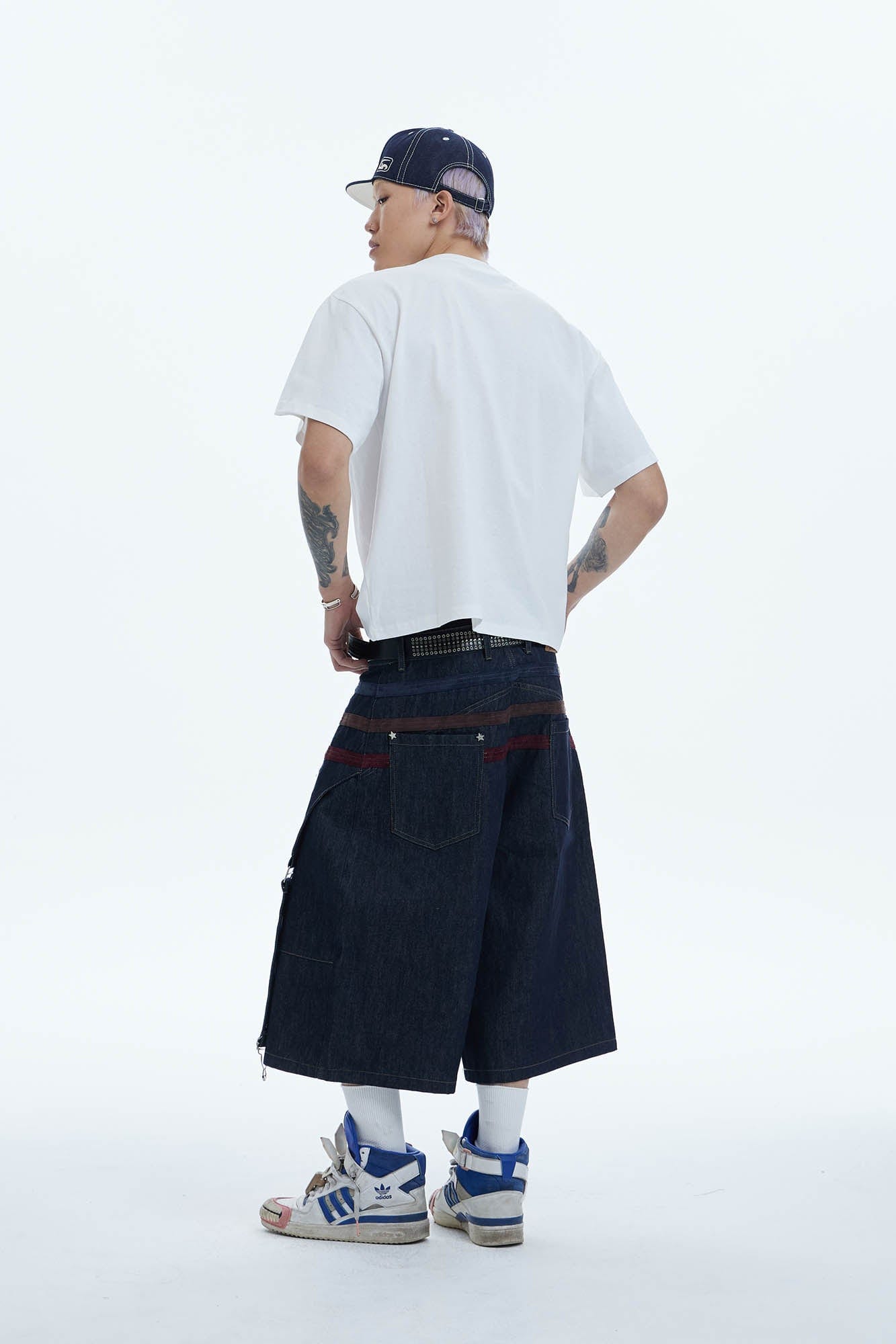 DND4DES Star-Rivet Harness-Layered Denim Shorts