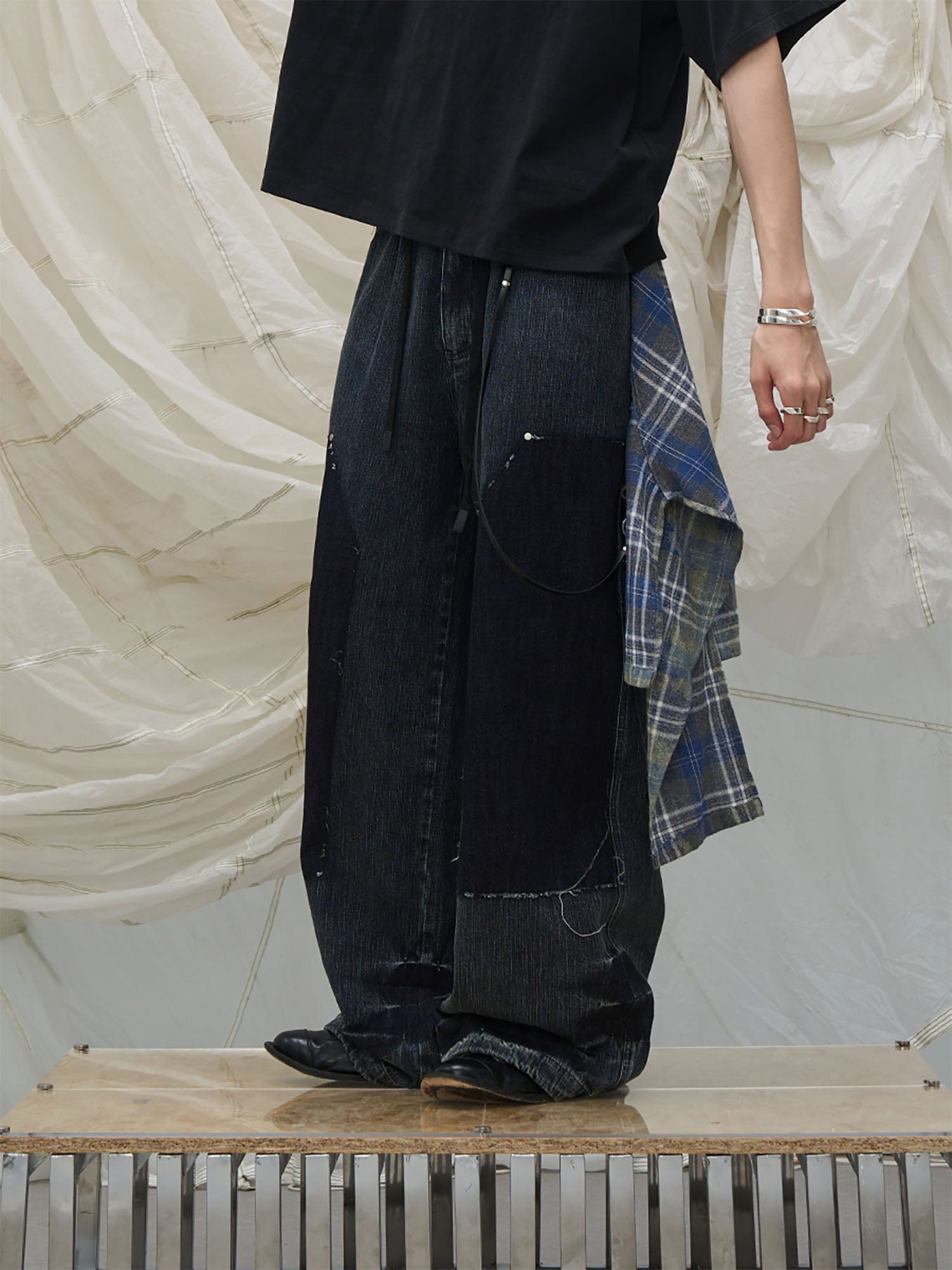 RELABEL Double-Knee Patch Washed Drawstring Jeans