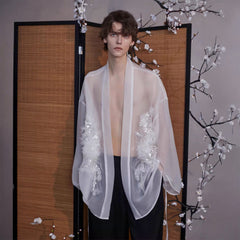 JIECHI Feathered Sequin Sheer Kimono Jacket
